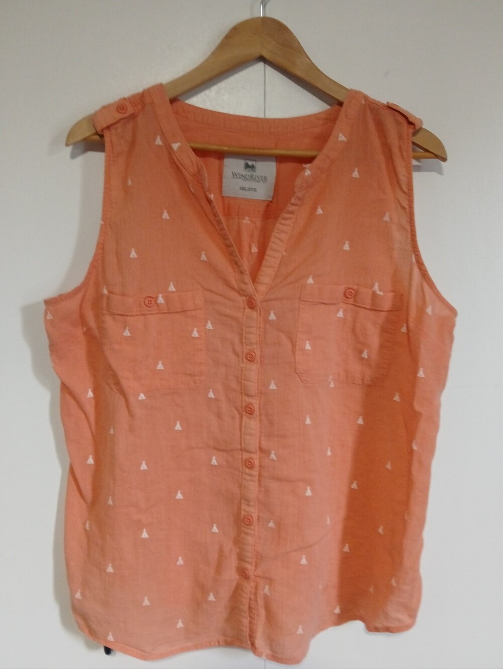 ​WindRiver Coral/Pink Cotton Teepee Print Sleeveless Button Down Tank Top 2XL
